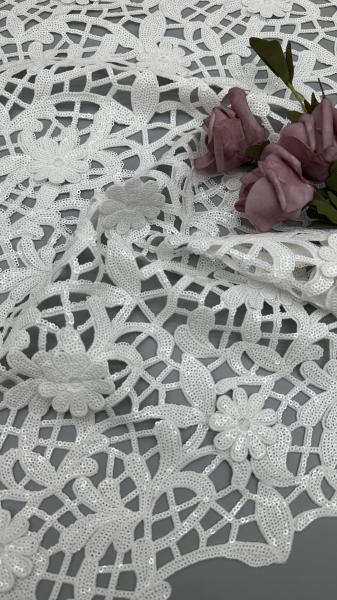 Crochet Lace Fabric White Sequin Embroidered Lace Fabric Leafy Luxury Occasion