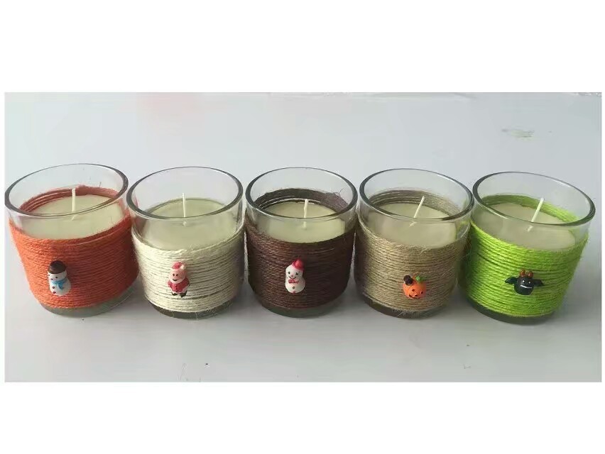 Decor home unscented glass candle with color wrapping rope and small ornaments