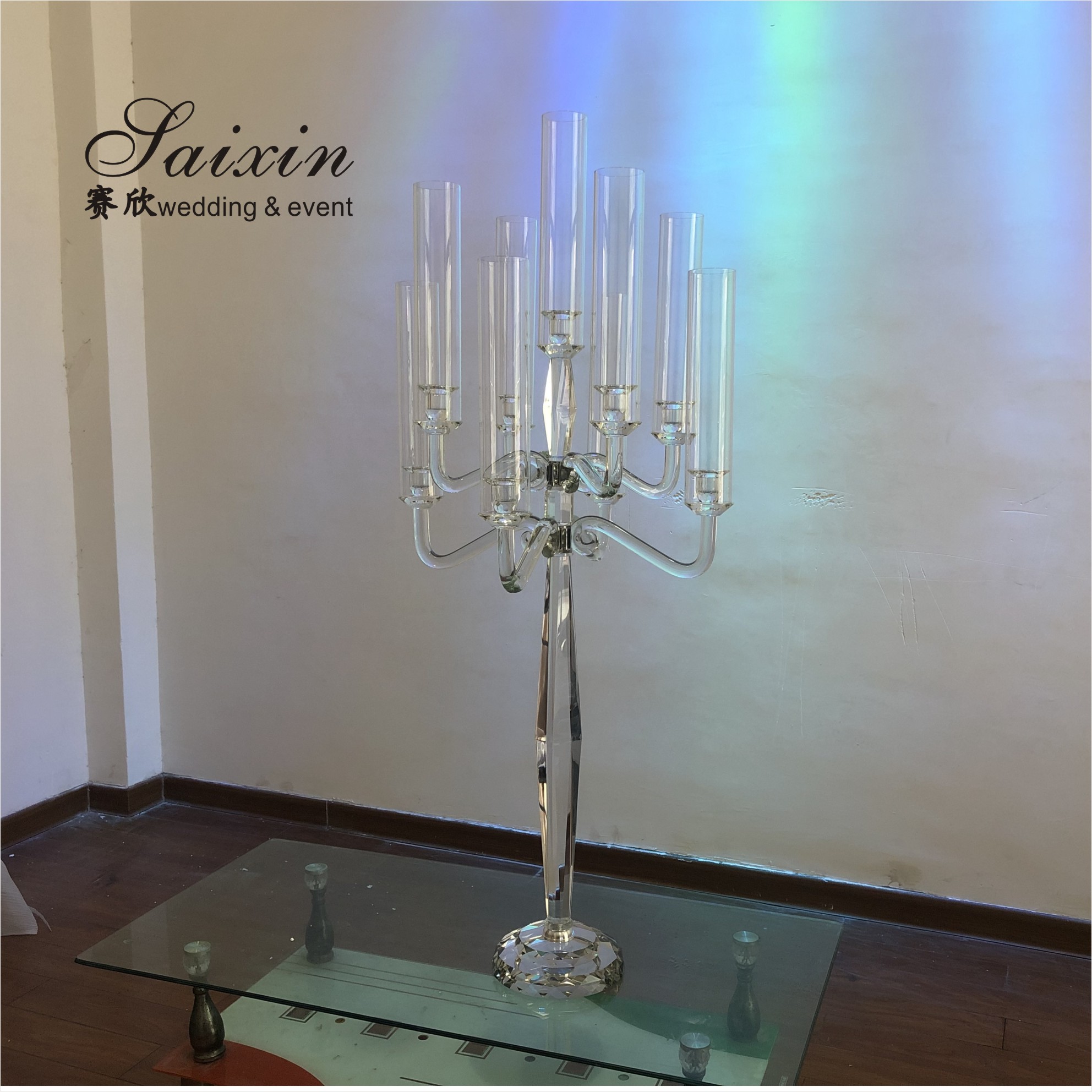 Tall Candle Holder Glass 9 Arm Crystal Candelabra For Wedding Centerpiece