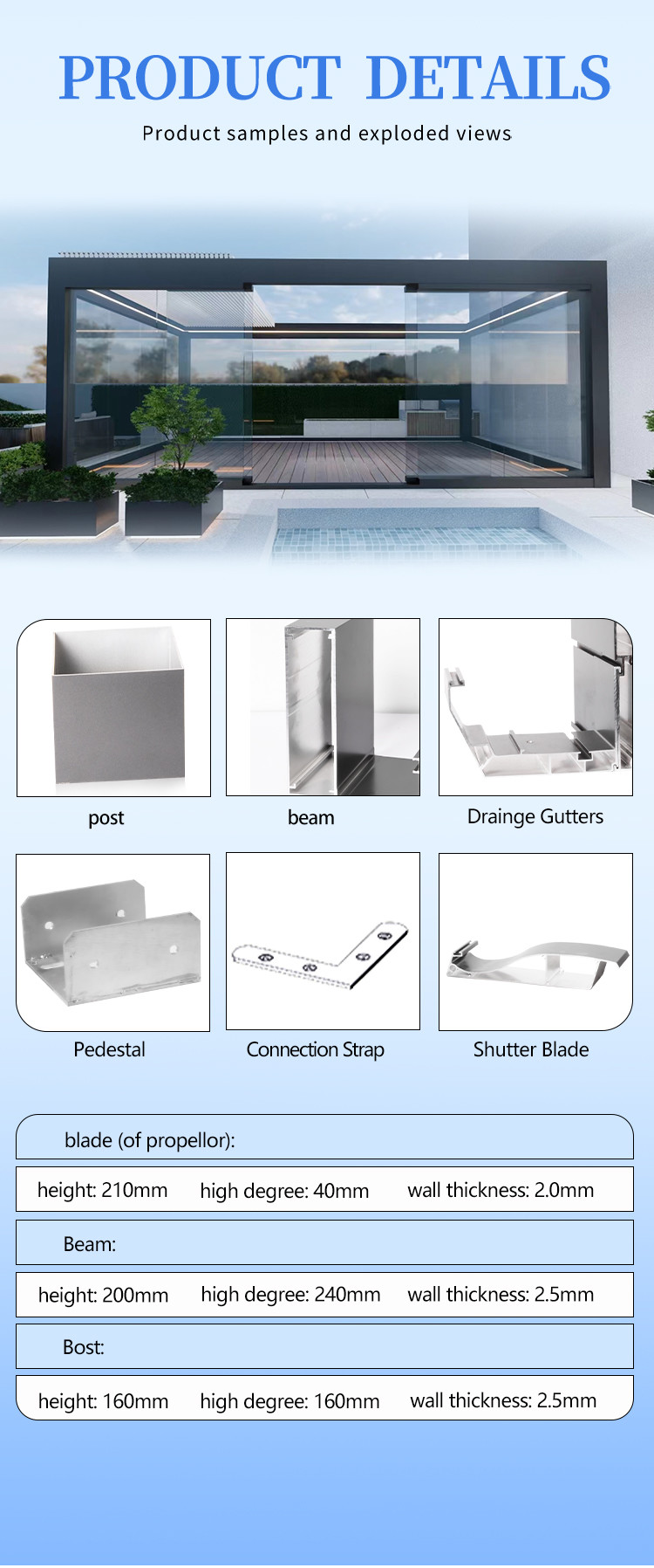 Outdoor Customized Motorized Backyard Pergola With Almuminium Alloy 6063 And IP67 Testing