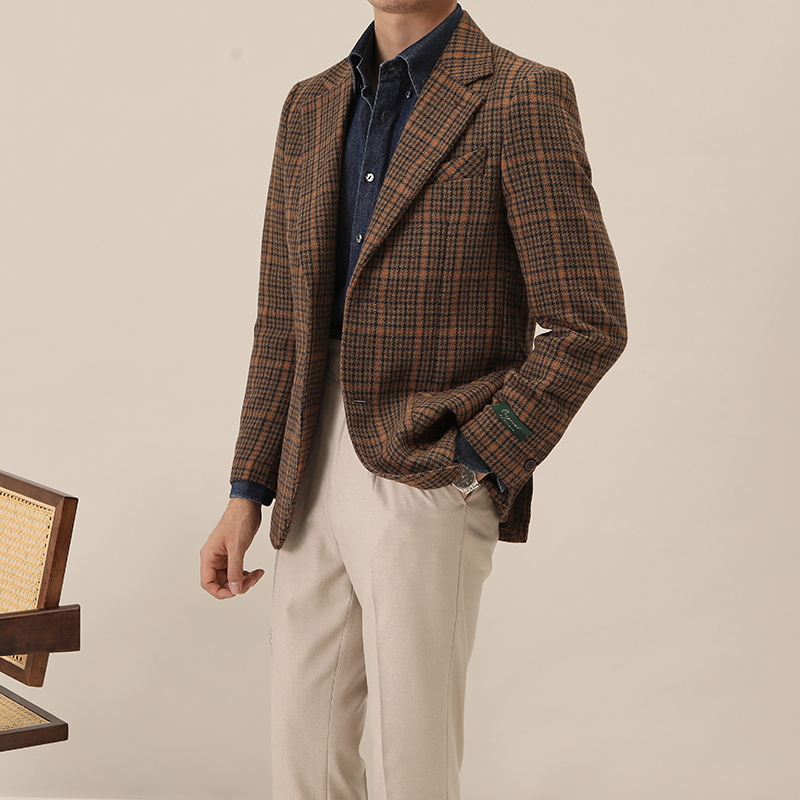 Autumn Winter Fashion End Custom Design Tweed Plaid Men's Jacket Weaving method woven