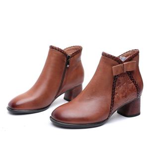 China S321 Round toe flat wedge heel top layer cowhide mid-tube women's boots leather warm Martin boots factory