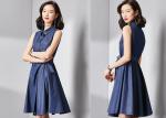 Sleeveless Bow Tie Denim Dress Ladies Eleglant Wide Hem Long Belted Skirt