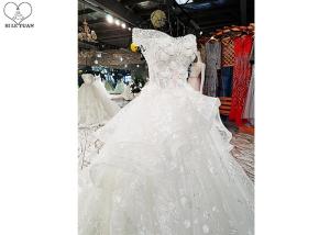 China Beaded Off Shoulder White Wedding Gown Colorful Flowers Back Bandage Long Tail factory