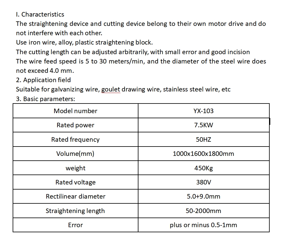 YX-103 Custom Straightening Machine for Galvanized Gouache Drawing Wire Easy Operation