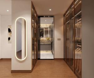 China Steel Elegance Modern Gray Walk-In Closet With Gold Accents factory