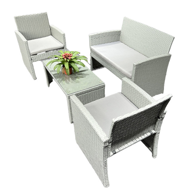 White Rattan Superior Garden Patio Set 4pc Wide Armrest Sofa Set Chair Table Set