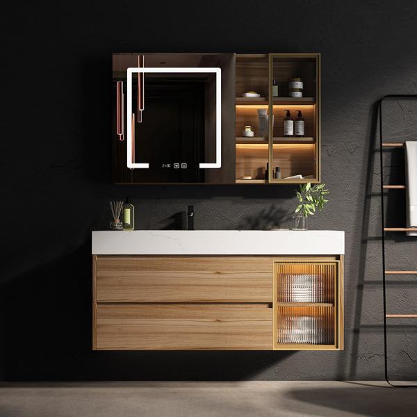 China Rectangle Floating Bathroom Cabinet Solid Wood LED Mirror Vanity factory