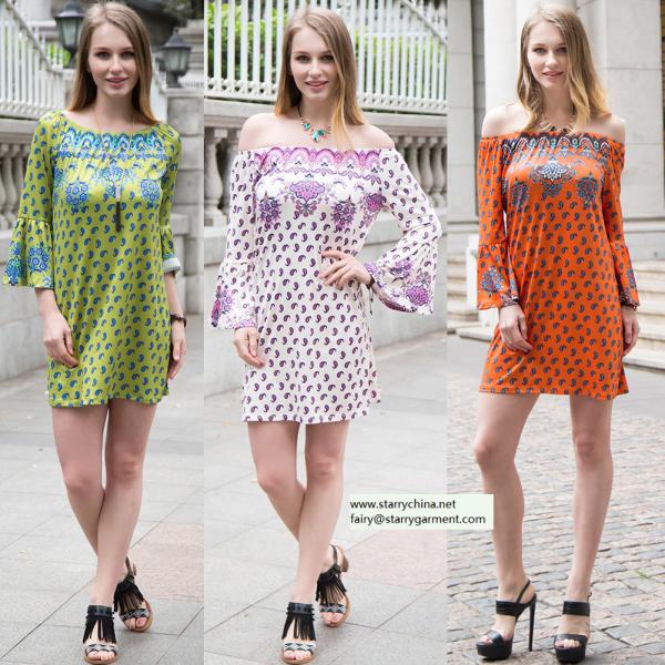 sexy printed flower short dress for women in long flounce sleeve with off the