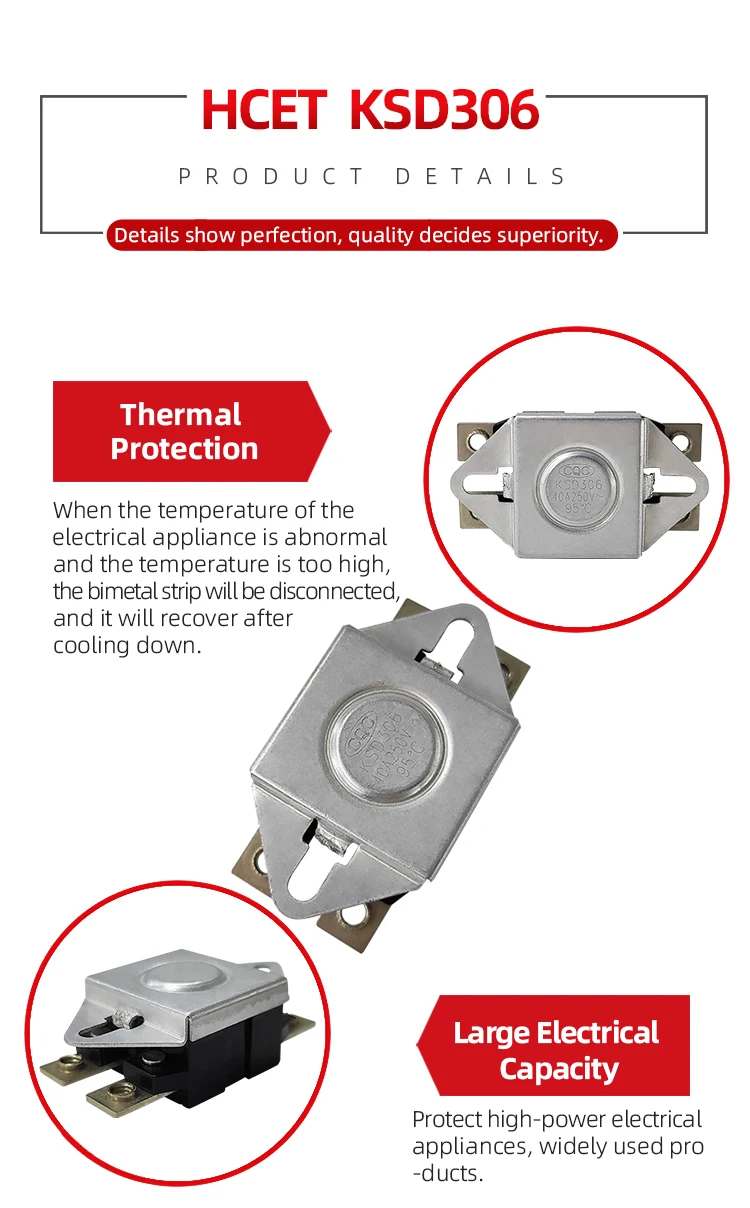 45A HCET KSD306 KSD308 Adjustable Snap Bimetal Disc Thermostat High Load For HVAC System