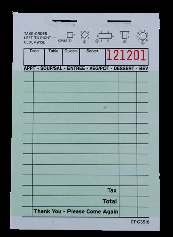 CT-G3516 English Language Custom Guest Check Pads Black Ink Printed for