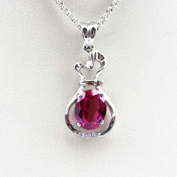 Sterling Silver 7X9mm Oval aRuby Cubic Zirconia Pendant Jewelry (P16)