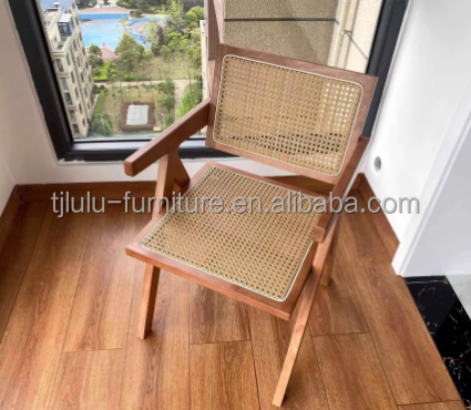 Natural Solid Wood Dining Chair with Modern Rattan Backrest in Black Finish