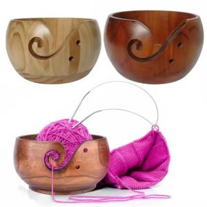 China Handmade Wooden Bowl Storage Crochet Knitted Yarn Bowl With Hole factory