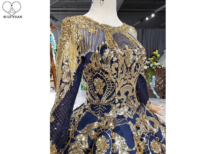 Luxury Navy Blue Tailor Made Prom Dresses Floor Length Beads Tassel Sparkly Lace