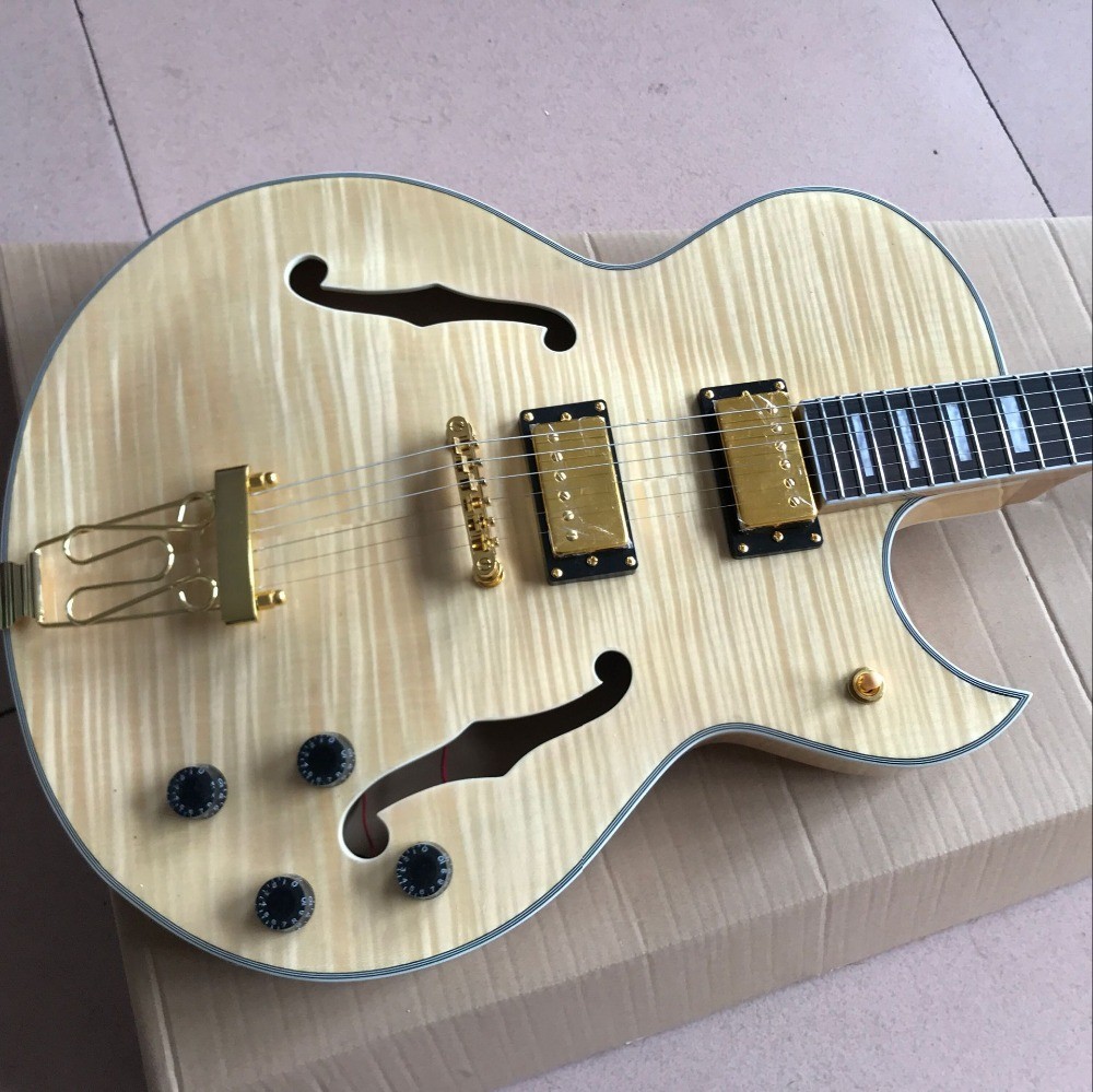 Custom shop,Custom F hollow body jazz electric guitar,double Tiger Flame.Natural wood color gitaar