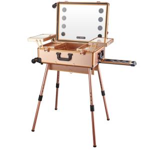 China Beautiful Rolling Makeup Case With Lighted Mirror , Makeup Trolley With Mirror factory