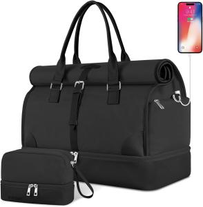 China Black Canvas Carry on Expandable Weekender Airplanes Toiletry Travel Bag with Shoe Compartment and USB Charging Port factory