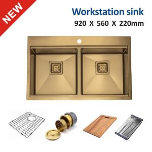 China Double Bowl Top Mount Workstation Sink Stainless Steel Drop In Glod Sink 92x56 factory
