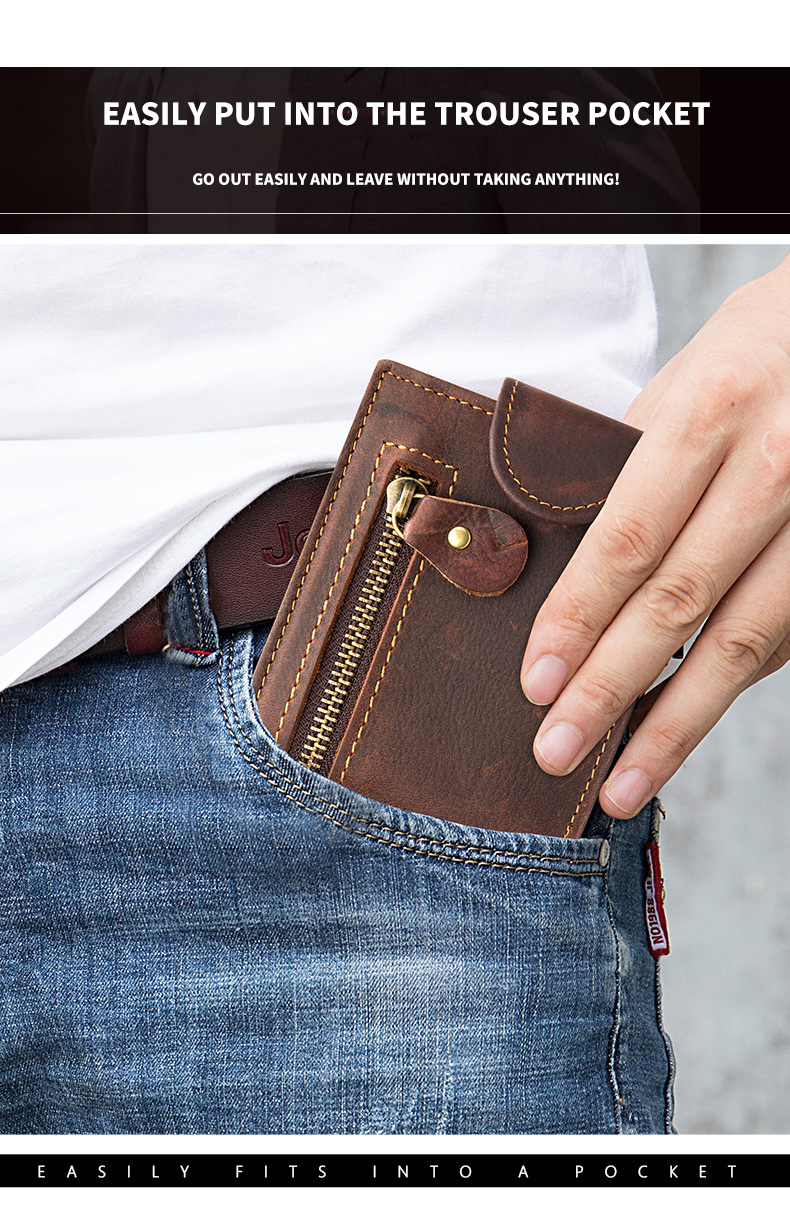 Original Retro Style Men's Wallet with Zipper Closure and Genuine Leather Material