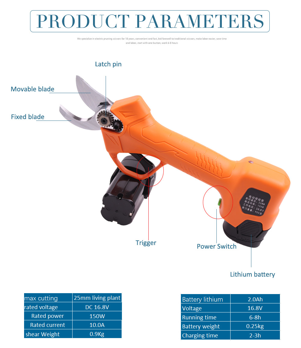 Swansoft 2.5CM Battery Orchard Pruner 16. 8V Cordless Strong Steel Blade Garden Trimmer Plant Secateurs with 2 batteries