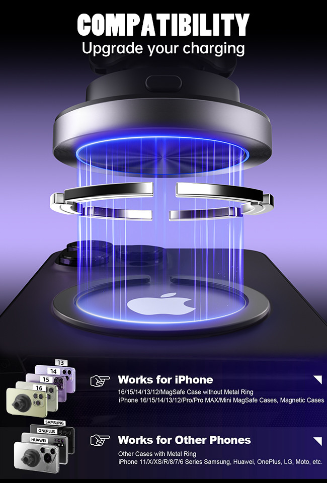 Adjustable RGB Light Effect Iphone Car Charger With Fast Charging And One Hand Operation For Small Diameter Magnetic Design