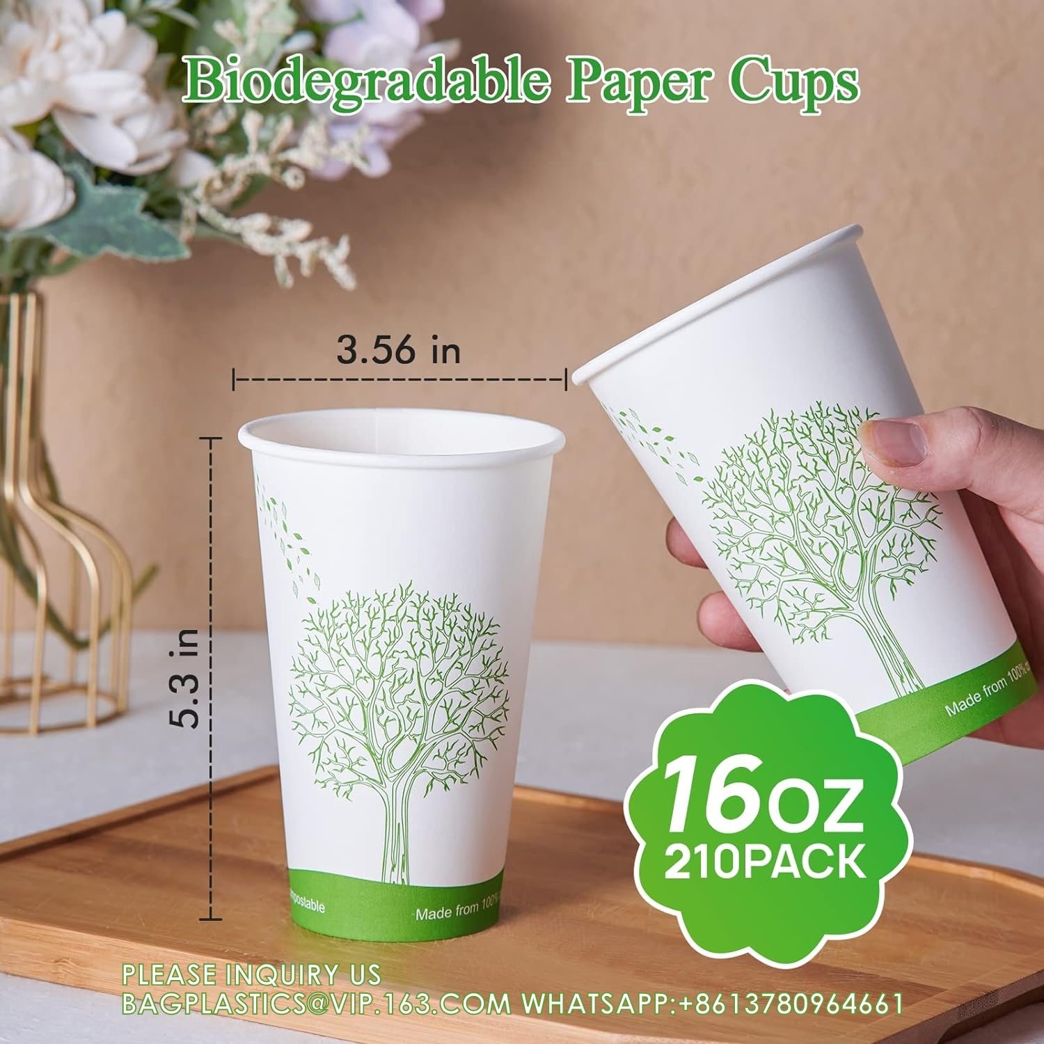 16 Oz Compostable Cups, Biodegradable Disposable Paper Cups With PLA Lined, Eco-Friendly Paper Coffee Cups For Party