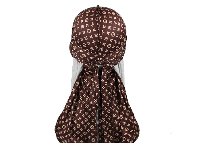 Small Print Brown LV Silk Silky Satin Designer Durag Supplier Bulk Wholesale