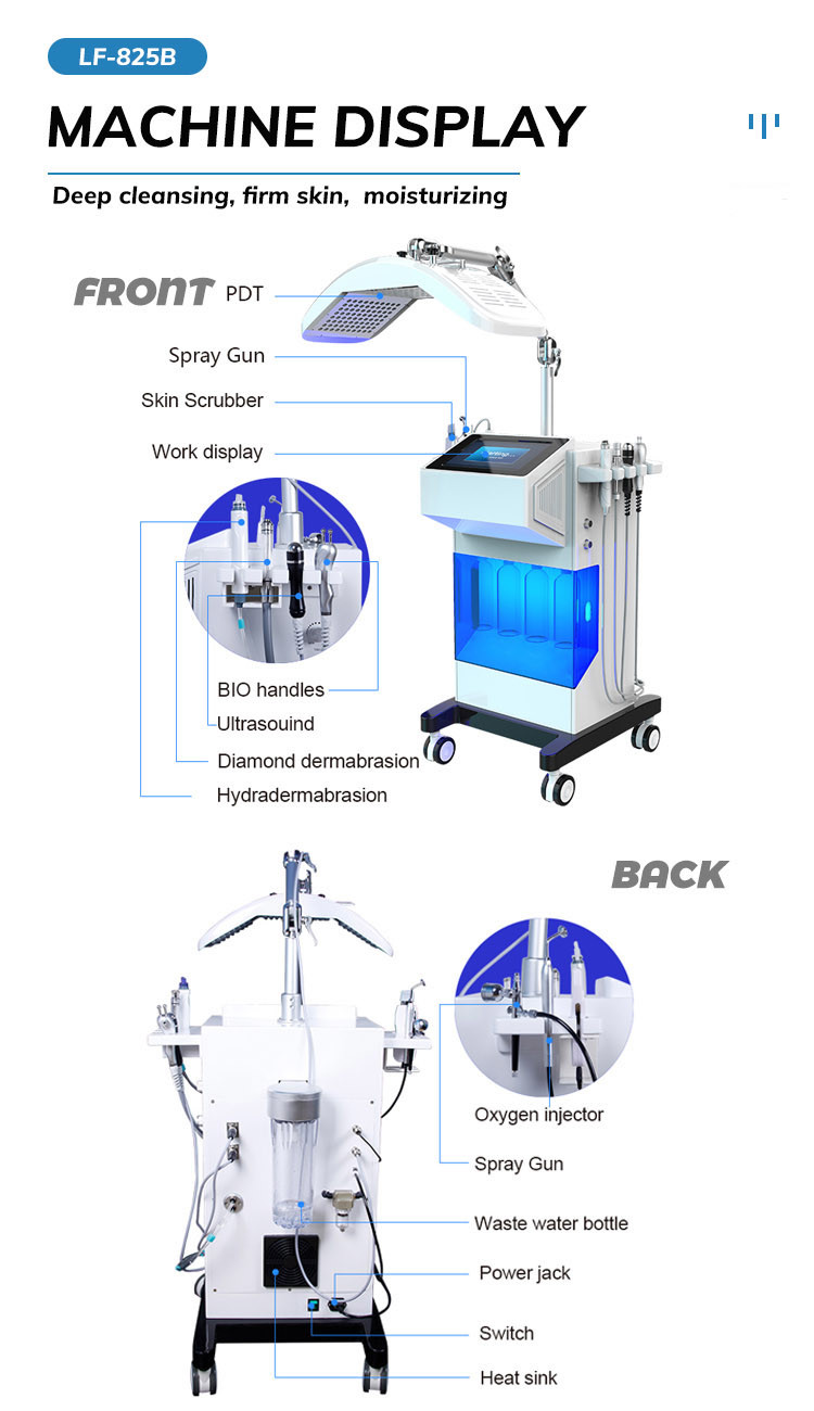 LF-825B 8 in 1 Multifunction Hydro Microdermabrasion Machine, Oxygen Facial Machine, PDT LED Beauty Salon Equipme