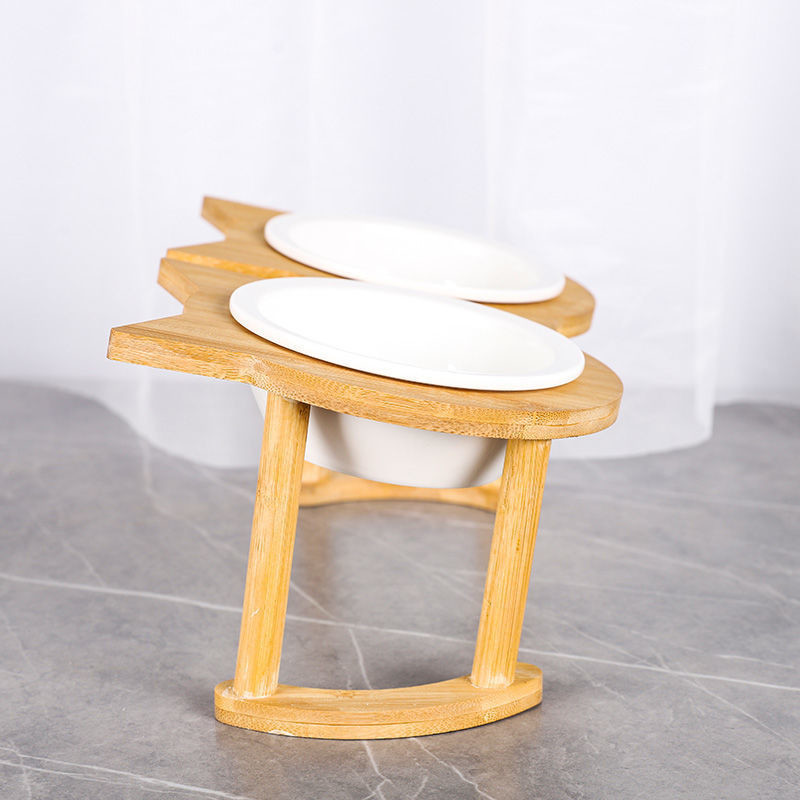Cat Protection Cervical Vertebra Double Bowl Raised Ceramic Bamboo Wood