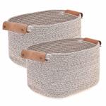 Decorative Containers KingWell Handwoven Storage Basket With Leather Handles