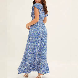 Custom Floral Printed V-Neck Ruffle Sleeve Maxi Dresses for Ladies