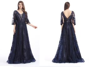 China Ladies Half Sleeves Navy Blue Prom Dresses , Long Formal Dresses With Hot Rhinestone factory