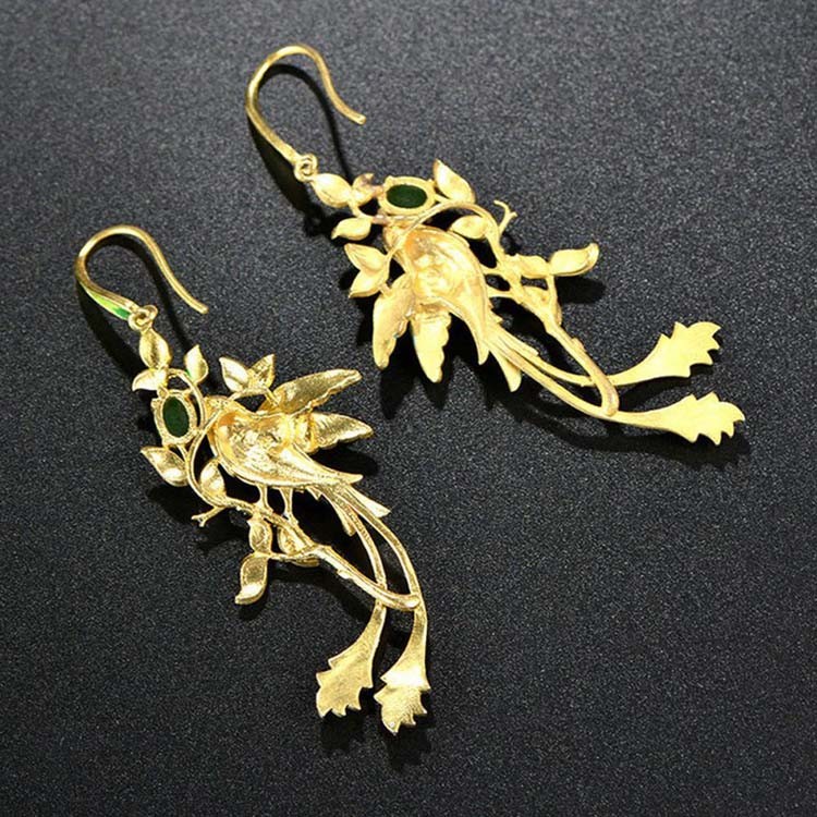 Gold Plated Stering Silver Drop Earrings with Enamel Phoenix Style Fashion Jewelry(E6050601GREEN)