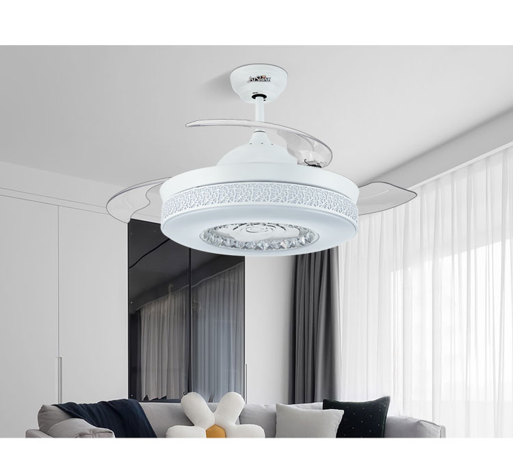 Low Watt Elegant White Color Retractable Ceiling Fan Light with Crystal Lampshade