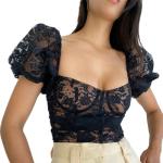 Square Neck Puff Sleeve Backless White Lace Crop Top Short Sleeve