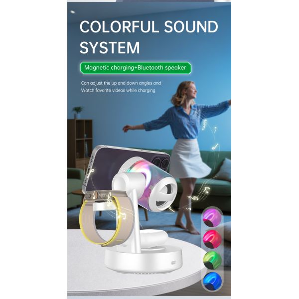 Qi2.2 All in one Wireless charger Cell Phone Stand with Bluetooth Speaker, Colorful LED Lights