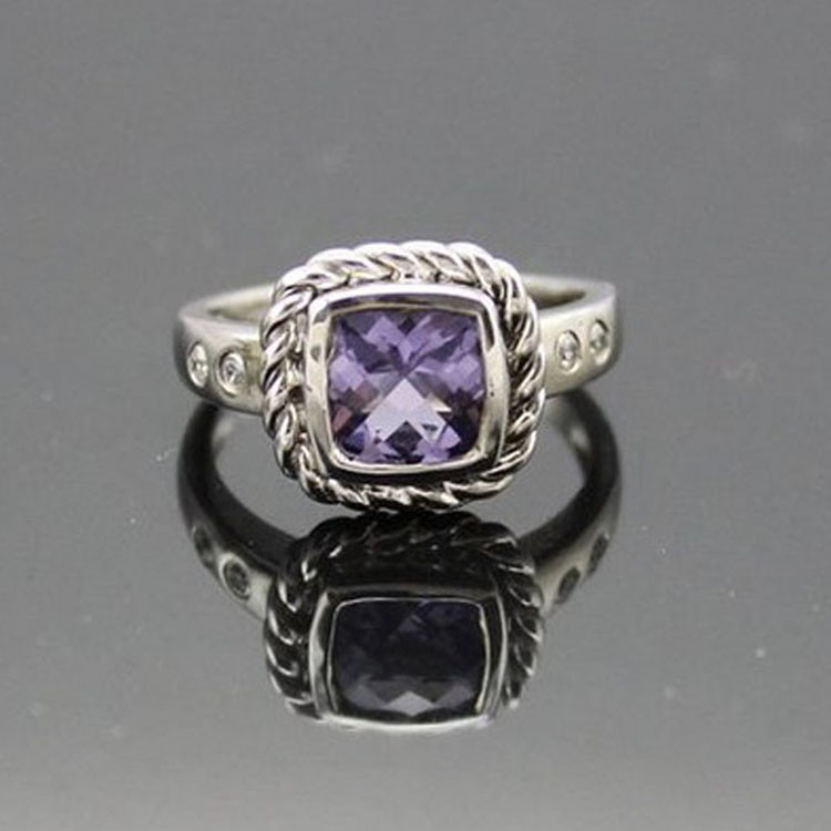 Women Jewelry 925 Silver 7mm Square Blue Cubic Zirconia Ring (JR061）