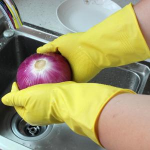 China Kitchen Latex Flock Lined Rubber Gloves , Cleaning Gloves With Cotton Lining factory