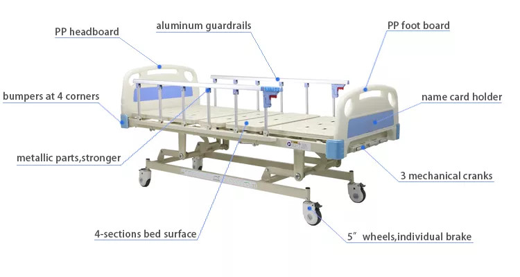 3 function manual medical hospital bed for patient 3 crank hospital bed