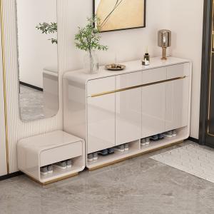 China Piano paint entrance door shoe cabinet with shoe changing stool, four doors and four drawers shoe cabinet storage factory