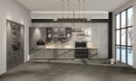 Single-Line Light Gray Stainless Steel Kitchen Cabinet with Wood Texture Panels