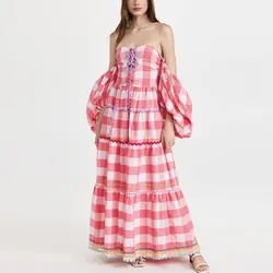 Ladies Puff Sleeve Dress for Women Ruching Checks Clothing Manufacturers Elegant Cotton Custom Logo Maxi Dress