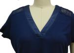 Navy Blue V Neck Short Sleeve T Shirt , Plus Size Womens Dressy T Shirts Lace