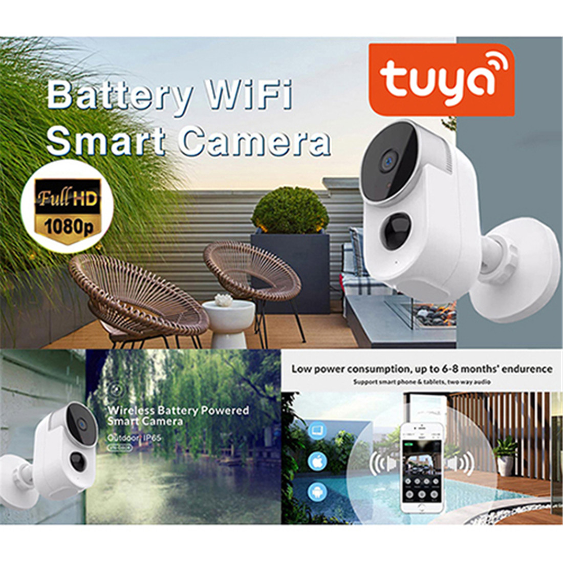 2021 Tuya 1080P Smartlife App Wireless Battery WiFi Security Home Camera 2MP HD PIR Surveillance CCTV Camera