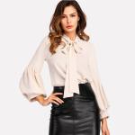 Tie Neck Balloon Sleeve Elegant Ladies Blouse