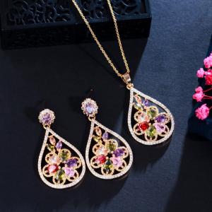 China Women CZ zircon pendant necklace earrings ring copper jewelry set CZ Crystal Necklace and Earring Sets factory