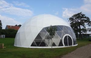 China Large Metal Frame Waterproof PVC Cover Geodesic Dome Tents 100Km/h factory