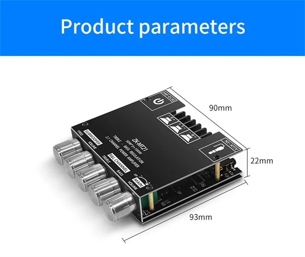 ZK-MT21 HiFi Digital Power Amplifier Board 100W+2*50W 2.1 Channel Subwoofer AUX 12/24V Audio Stereo 5.0 Amp ZK-MT21