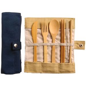 China Portable Bamboo Travel Cutlery Set Chopsticks Spoon Straw Six Piece Cloth Bag Packing factory